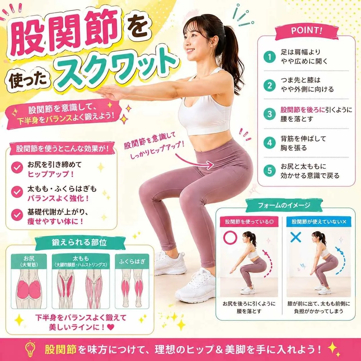 スクワットは股関節を意識してみましょうで太ももともも裏お尻周りにしっかり効く習慣化ガイド